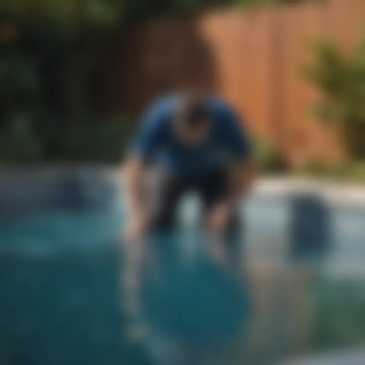 A pool owner inspecting repaired liner for quality
