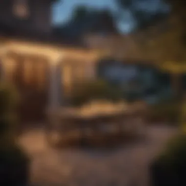 Enchanting Outdoor Ambiance Twinkling string lights illuminating a cozy outdoor setting at dusk