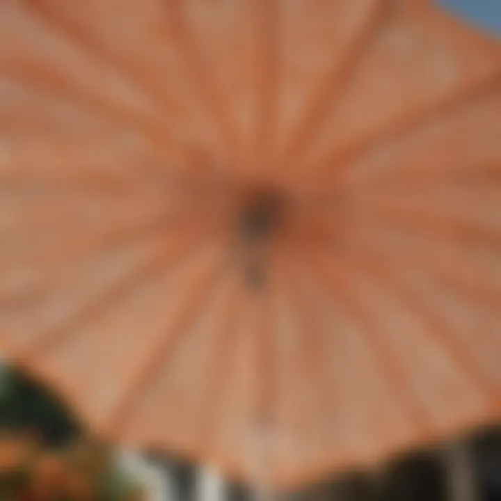 Close-up of intricate design details on the orange and white patio umbrella