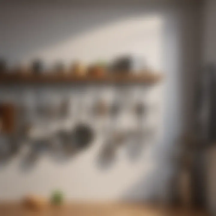 Variety of kitchen utensils neatly hung on hooks