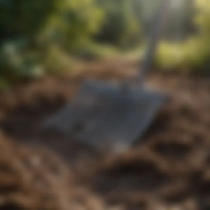 Landscape rake smoothing out soil in a garden bed