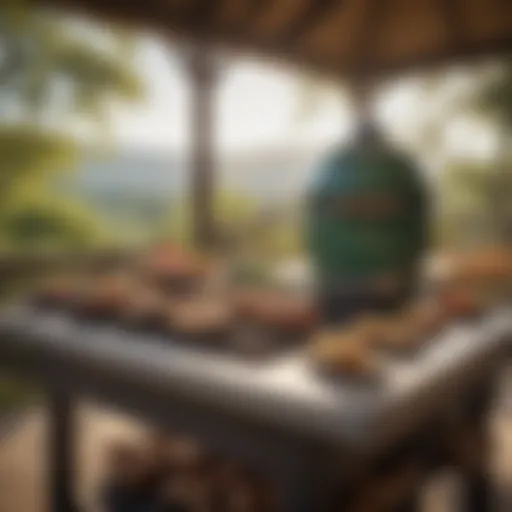 Spacious grilling area of the Large Green Egg showcasing various food items.