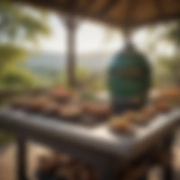 Spacious grilling area of the Large Green Egg showcasing various food items.
