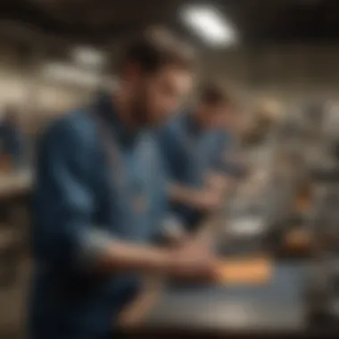 Crafting Excellence: Carhartt Factory Workers at Work Carhartt factory workers crafting denim overalls