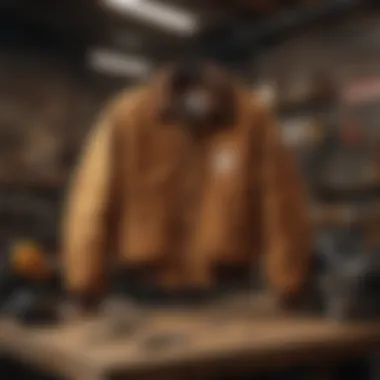 Rugged Elegance: Carhartt Jacket in Workshop Setting Carhartt rugged jacket hanging in workshop