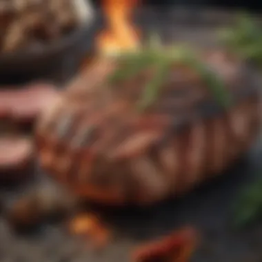 Herb-Seasoned Meat for Grilling Aromatic herbs and spices seasoning a marinated meat ready for grilling on fire pit