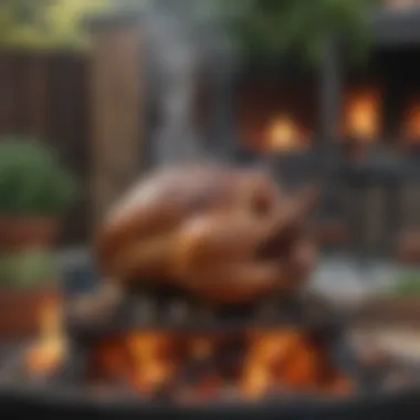 Rotisserie Roast over Fire Pit Smoke swirling around a succulent roast on a rotisserie over a fire pit