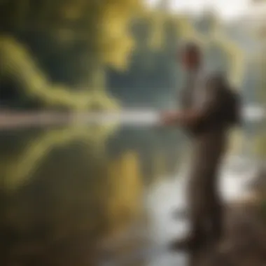 Expert Angler Casting by River A skilled angler demonstrating a perfect casting technique by a flowing river