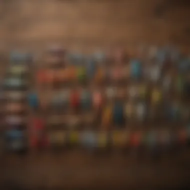 Close-up of a colorful assortment of fishing lures on a wooden table