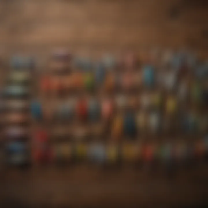 Close-up of a colorful assortment of fishing lures on a wooden table