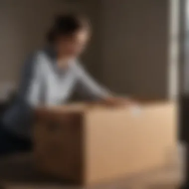 Efficient Packing in Moving Boxes A person efficiently packing items into a medium size moving box