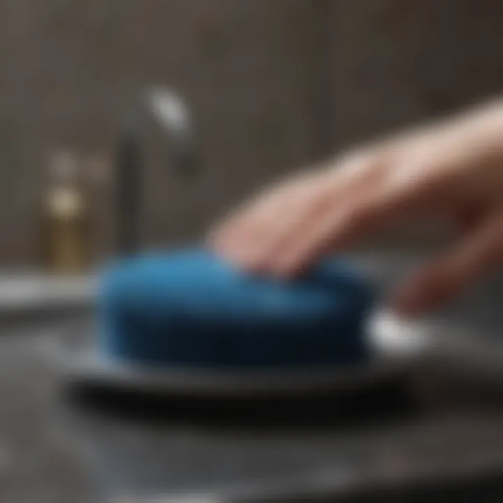 Metal dish scrubber in action removing grime