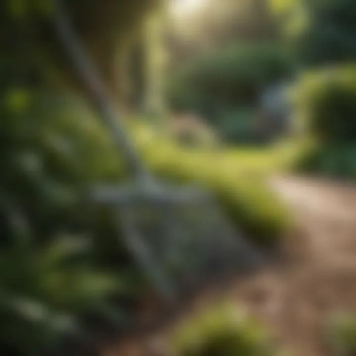 Nature's Companion Metal Garden Rake Metal Garden Rake in Lush Green Garden Setting