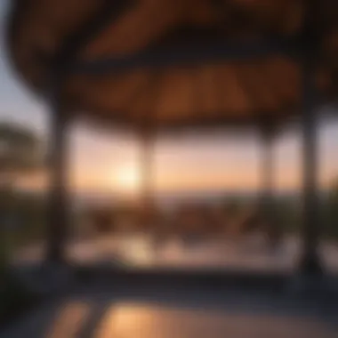 Modern minimalist gazebo against sunset backdrop