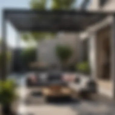 Sleek Outdoor Lounge with Black Pergola and Canopy Modern Outdoor Lounge Area with Black Pergola and Canopy