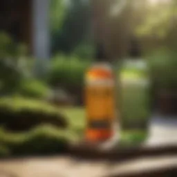 An array of moss killer products lined up on a garden table