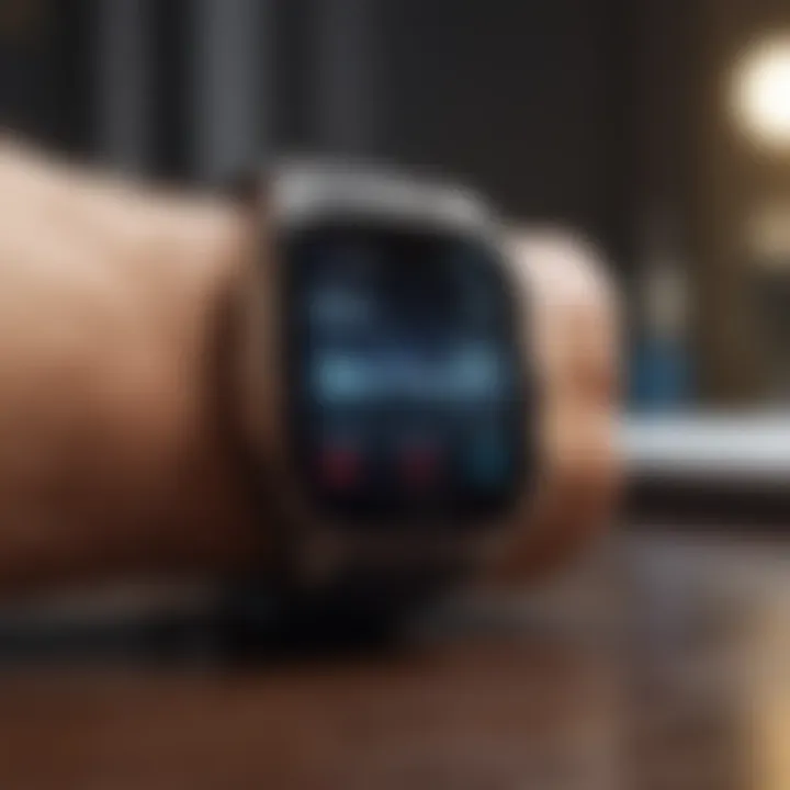 A stylish smartwatch displaying fitness metrics, symbolizing health and technology.
