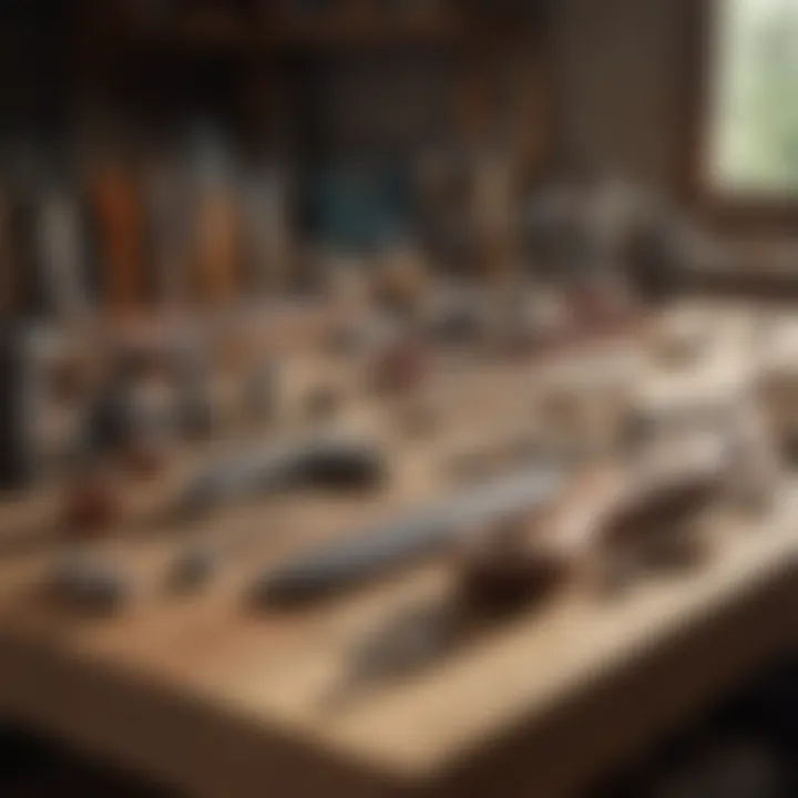 A sophisticated toolset arranged neatly on a wooden workbench, showcasing quality craftsmanship.