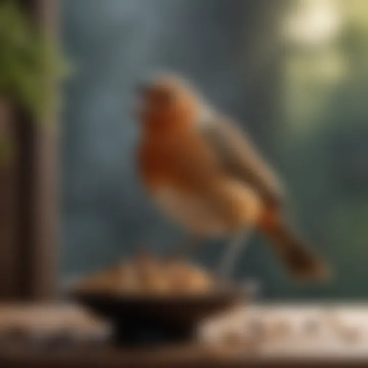 Close-up of a bird delicately picking at a specialized bird food blend