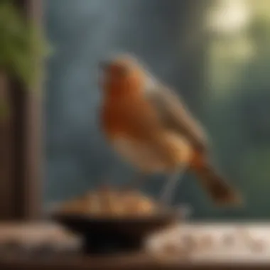 Fine Dining: Exquisite Taste Buds Close-up of a bird delicately picking at a specialized bird food blend