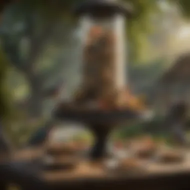 Various bird species enjoying a feast at a well-stocked bird feeder