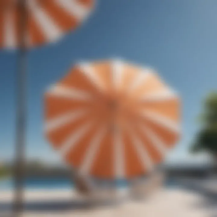 Elegant orange and white patio umbrella against a blue sky