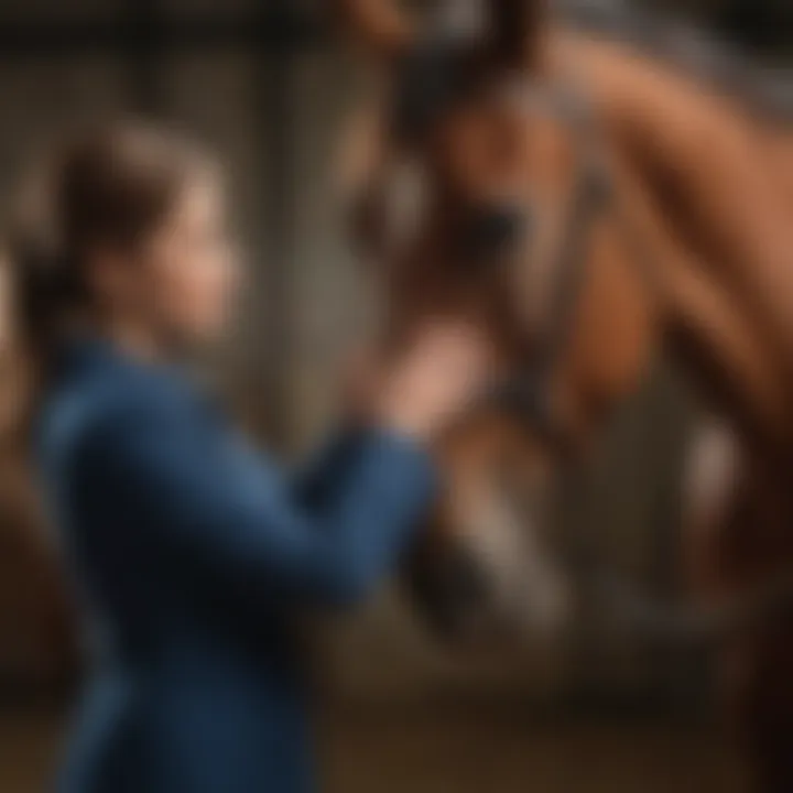 Equine trainer examining horse's coat