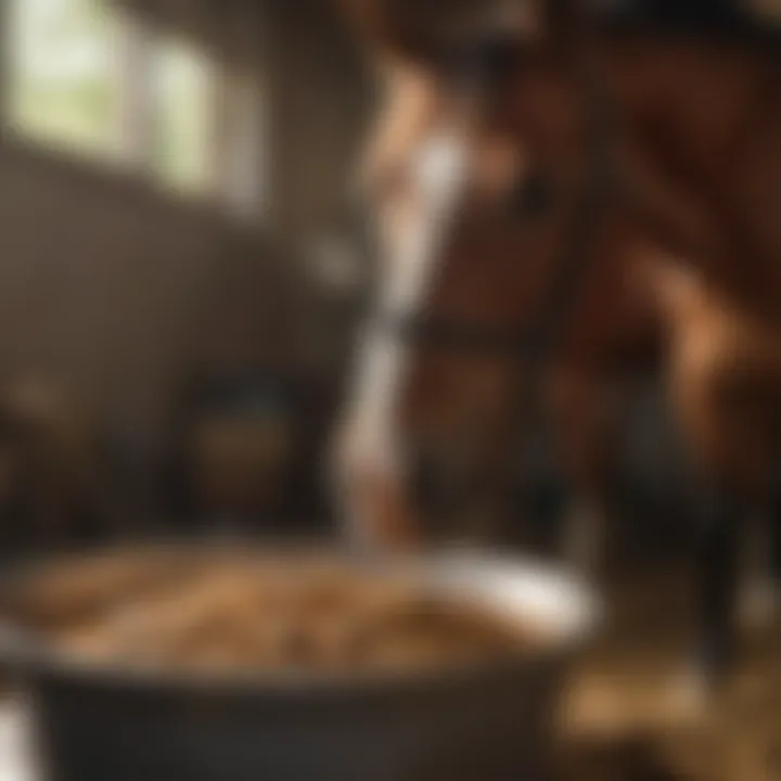 Horse happily eating from a feed bucket