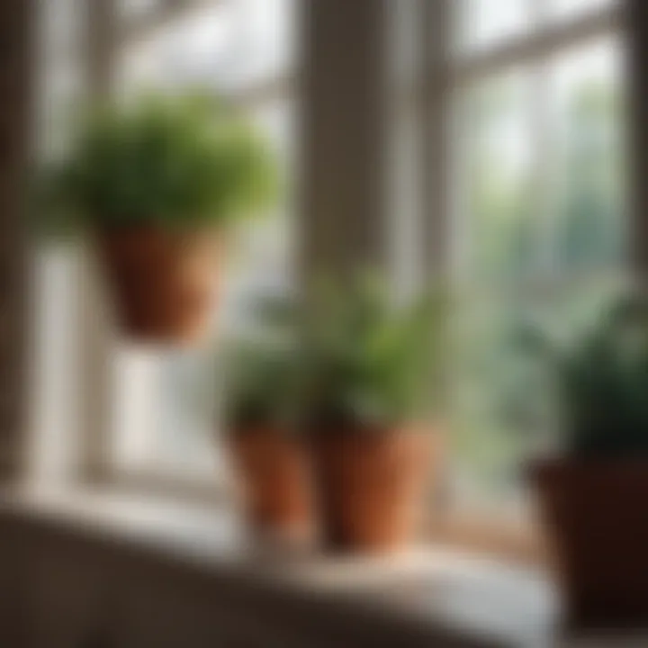 Plants in stylish pots hanging by window
