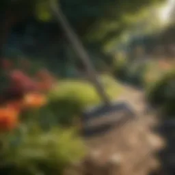 Poly rake in lush garden