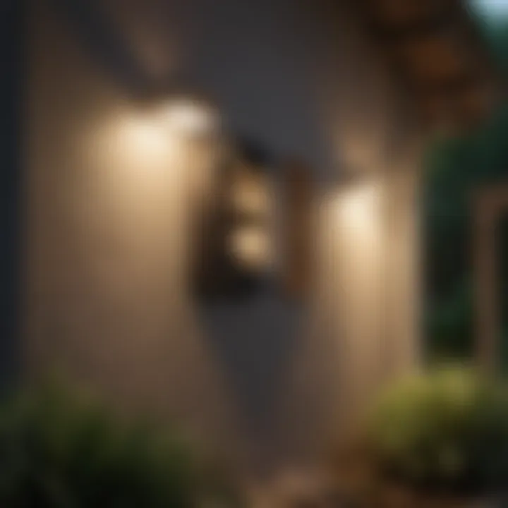 Illuminated modern LED porch light in a garden setting