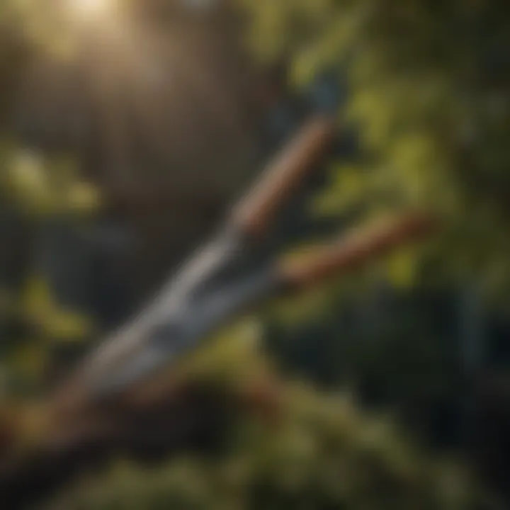 Close-up of a pruning shear cutting through a branch