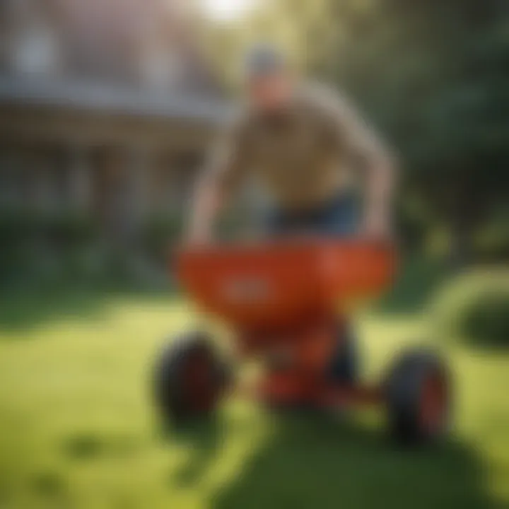 Person using push spreader with proper posture and technique