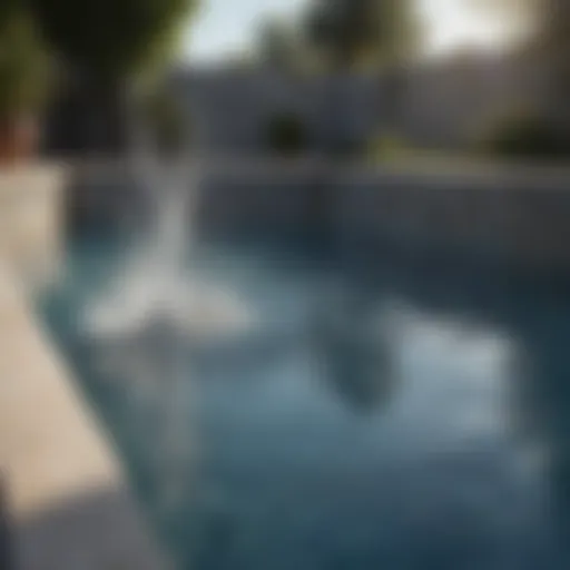 Reflective pool surface with spray nozzle in action