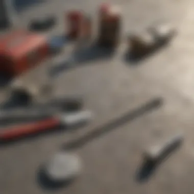 Necessary Tools and Materials for Repair Tools and materials laid out for concrete driveway repair
