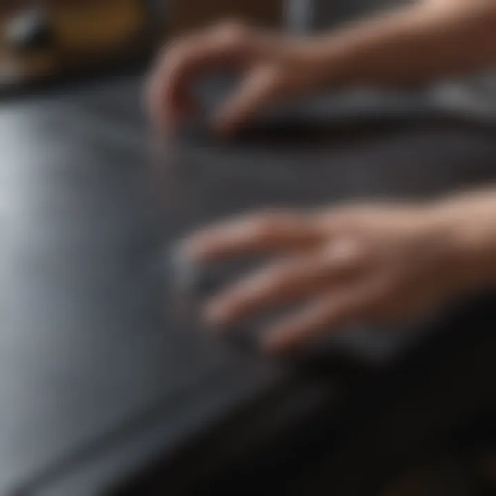 Precise Adhesive Application A person carefully applying adhesive to a screen patch