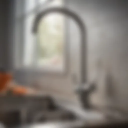 Detailed view of a kitchen sink faucet showing a leak