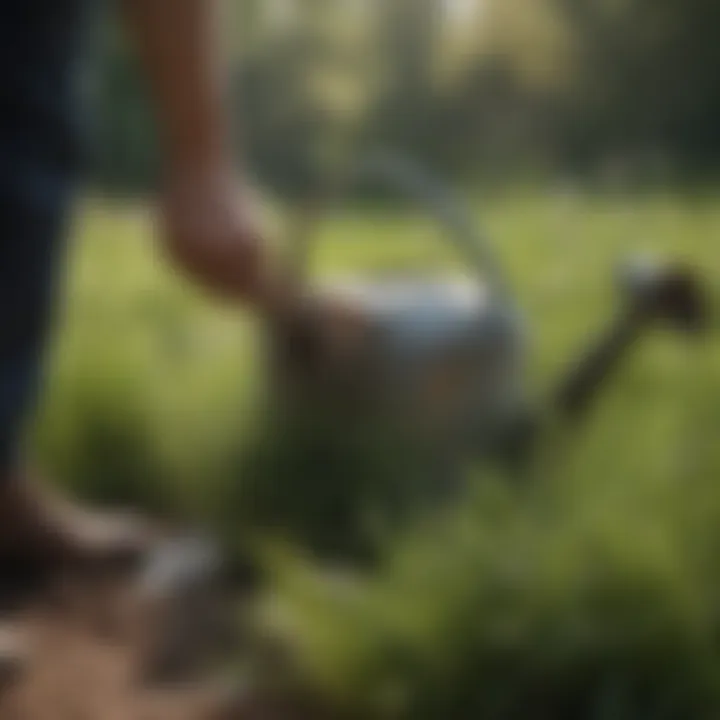 Hand holding a watering can over dormant grass