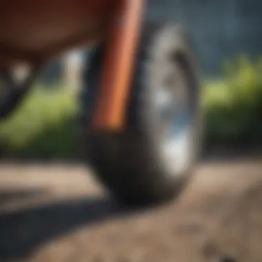 Close-up of flat-free tire on a two-wheel wheelbarrow