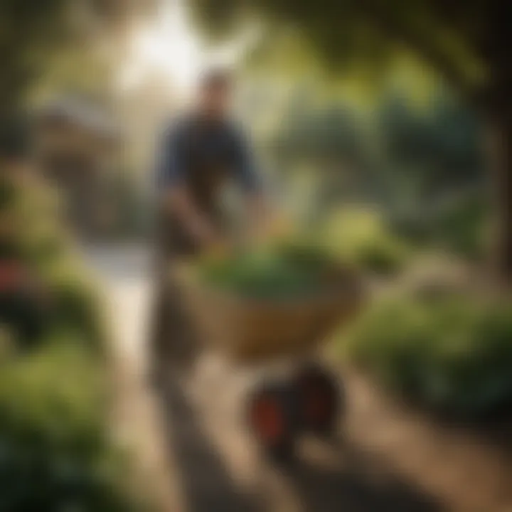 Landscaper using a two-wheel wheelbarrow in a garden