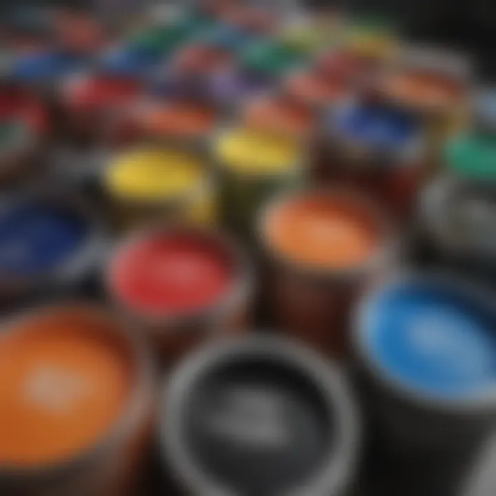 Rubber Paint Formulations and Options A set of rubber paint cans with different labels indicating various formulations