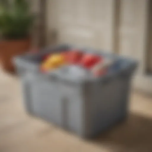 Rubbermaid Roughneck Storage Tote in Gray Sleek gray Rubbermaid Roughneck storage tote showcased outdoors