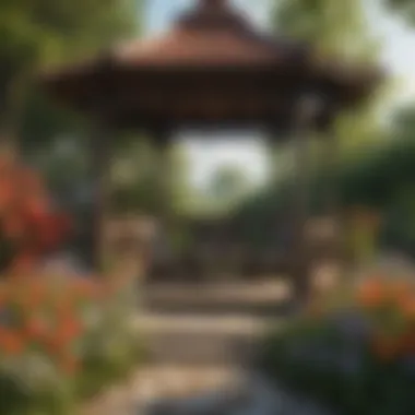 Rustic wooden gazebo surrounded by blooming flowers