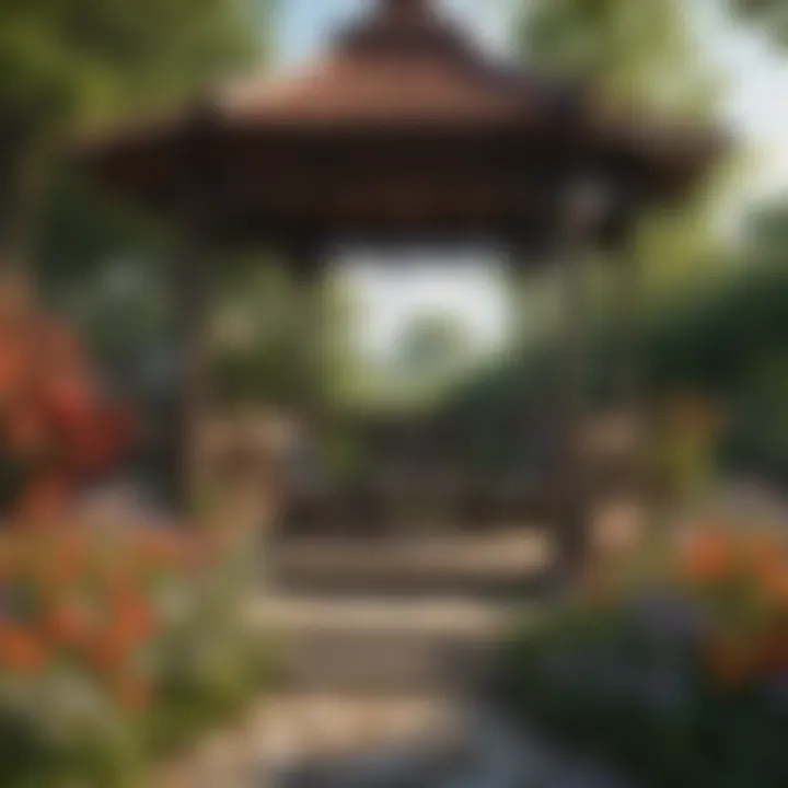 Rustic wooden gazebo surrounded by blooming flowers