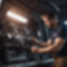 Mechanic inspecting RV engine compartment