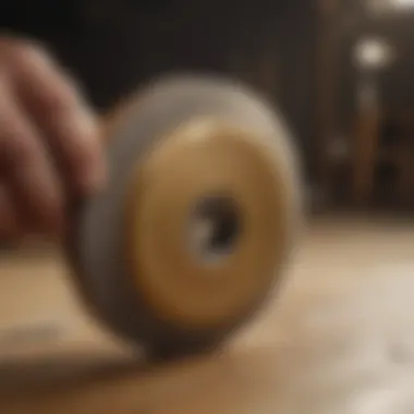 Close-up of a sanding disk in action on wood