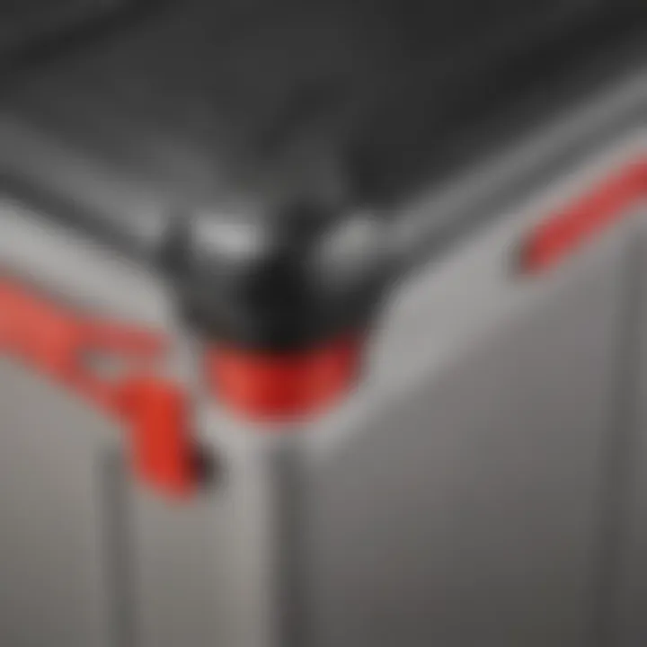 Close-up of the secure lid of Rubbermaid Action Packer 48-Gallon container