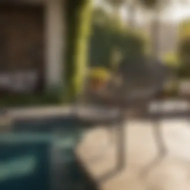 Metal mesh chair by a tranquil poolside