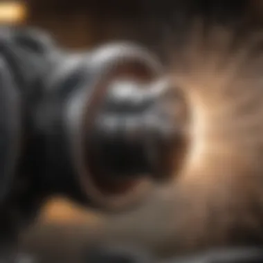 A bench grinder equipped with a stainless steel wire wheel in action