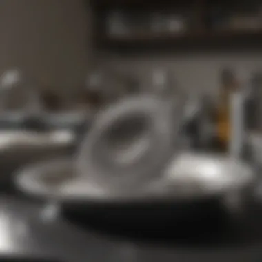 Steel scrubber next to sparkling clean dishes